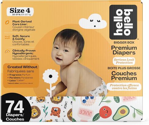 Hello Bello Diapers, Size 4 (22-37 lbs) - 74 Count of Premium Disposable Baby Diapers in Wildcats & Snacktime Designs - Hypoallergenic with Soft, Cloth-Like Feel in Saudi Arabia