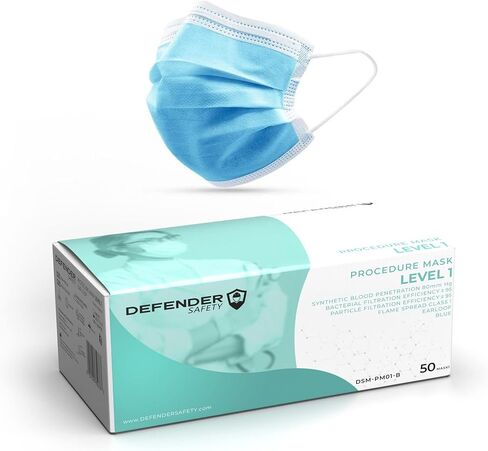 سلامة المدافع - ASTM المستوى 1 95% PFE، الدرجة الطبية، قناع الوجه الإجراء (50 عبوة) in Kuwait