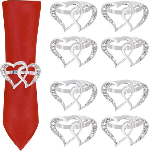 12 Pieces Valentine Napkin Rings Metal Double Heart Napkin Ring Holders Silver Dinning Table Setting Napkin Buckles for Valentine's Day Wedding Anniversary Table Decoration in Saudi Arabia