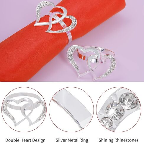 12 Pieces Valentine Napkin Rings Metal Double Heart Napkin Ring Holders Silver Dinning Table Setting Napkin Buckles for Valentine's Day Wedding Anniversary Table Decoration in Saudi Arabia