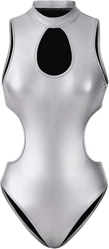 OYOANGLE Women's PU Leather Sleeveless Mock Neck Cut Out Party Tank Bodysuit Tops in Saudi Arabia