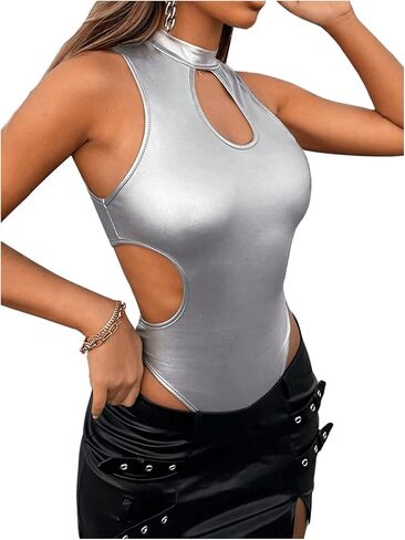OYOANGLE Women's PU Leather Sleeveless Mock Neck Cut Out Party Tank Bodysuit Tops in Saudi Arabia