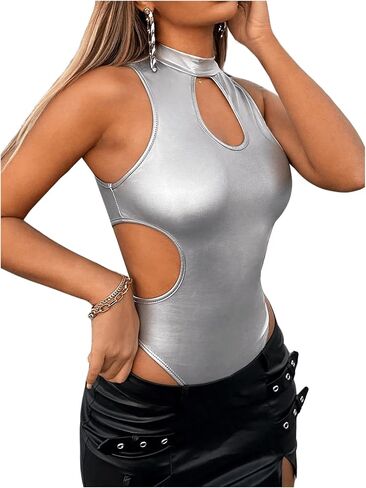 OYOANGLE Women's PU Leather Sleeveless Mock Neck Cut Out Party Tank Bodysuit Tops in Saudi Arabia