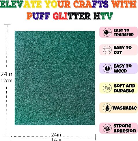 White Glitter Heat Transfer Vinyl Black Puff HTV for Shirt,Iron on Vinyl for Heat Press Machine,12" x 10" Easy to Cut & Weed,12PCS in Saudi Arabia
