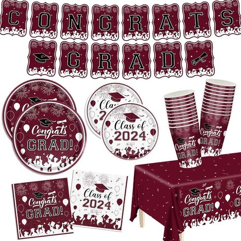 Graduation Party Supplies 2024 Graduation Party Tableware Set Maroon Plates Napkins Cups Tablecloth Banner for Congrats Disposable Paper Grad Party Decorations Serve 25 in Saudi Arabia
