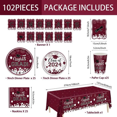 Graduation Party Supplies 2024 Graduation Party Tableware Set Maroon Plates Napkins Cups Tablecloth Banner for Congrats Disposable Paper Grad Party Decorations Serve 25 in Saudi Arabia