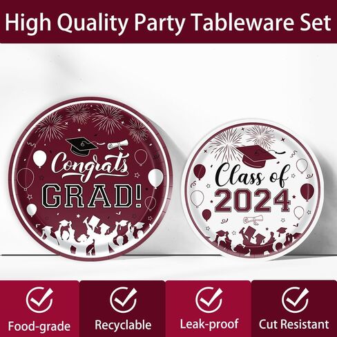 Graduation Party Supplies 2024 Graduation Party Tableware Set Maroon Plates Napkins Cups Tablecloth Banner for Congrats Disposable Paper Grad Party Decorations Serve 25 in Saudi Arabia