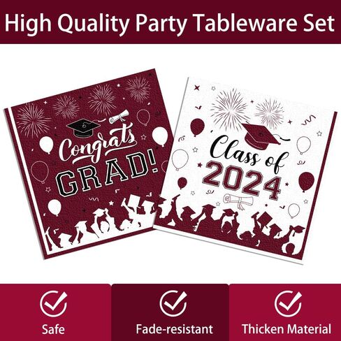 Graduation Party Supplies 2024 Graduation Party Tableware Set Maroon Plates Napkins Cups Tablecloth Banner for Congrats Disposable Paper Grad Party Decorations Serve 25 in Saudi Arabia