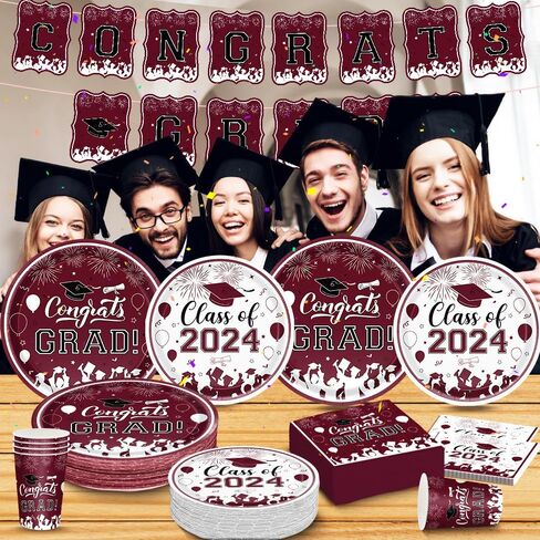 Graduation Party Supplies 2024 Graduation Party Tableware Set Maroon Plates Napkins Cups Tablecloth Banner for Congrats Disposable Paper Grad Party Decorations Serve 25 in Saudi Arabia