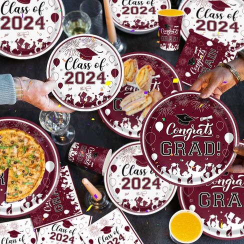 Graduation Party Supplies 2024 Graduation Party Tableware Set Maroon Plates Napkins Cups Tablecloth Banner for Congrats Disposable Paper Grad Party Decorations Serve 25 in Saudi Arabia