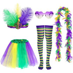 Yolyoo 5Pcs Mardi Gras Costume Accessory Set Tutu Skirt, Faux Feather Headband,Heart Sunglasses,Long Socks,Feather Boas Scarf Costumes for Party Halloween in Saudi Arabia