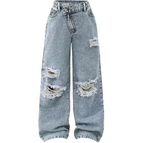 GORGLITTER Girl's Baggy Jeans Ripped Distressed High Waisted Wide Leg Denim Pants Cute Y2K Streetwear in Kuwait