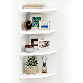 White Corner Floating Shelves for Wall – Set of 4, Rounded Wood Wall Mounted Corner Shelf with Hardware, Space Saving Decorative Storage for Kids Room, Bathroom, Living Room, Office – White in Saudi Arabia