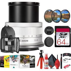 Canon RF-S مقاس 18-45 مم f/4.5-6.3 عبارة عن عدسة STM مع بطاقة Extreme Pro سعة 64 جيجابايت + برنامج Corel Photo + حامل ثلاثي مرن + مجموعة مرشح + محفظة بطاقات + حقيبة ظهر + طقم تنظيف + قارئ بطاقات + حافظة للغطاء (متجددة) in Kuwait