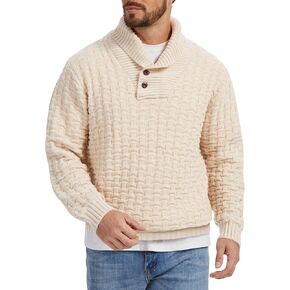Mens Fisherman Sweater, Button Turtleneck Shawl Collar Waffle Knit Pullover for Winter Business Casual in Saudi Arabia