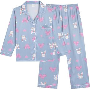 Vopmocld الفتيات الكبيرة زر أسفل بيجامة مجموعات طويلة الأكمام السراويل الطويلة لطيف الأنابيب Jammies لينة مريحة ملابس خاصة مع جيوب in Kuwait