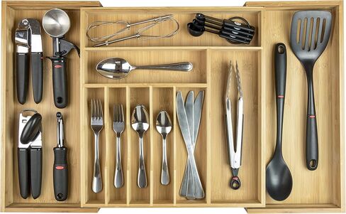 KitchenEdge Premium Silverware, Flatware and Utensil Organizer for Kitchen Drawers, Food-Safe Contract Grade, Expandable from 16 to 28 In, Natural Bamboo in Saudi Arabia