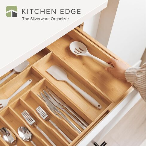 KitchenEdge Premium Silverware, Flatware and Utensil Organizer for Kitchen Drawers, Food-Safe Contract Grade, Expandable from 16 to 28 In, Natural Bamboo in Saudi Arabia