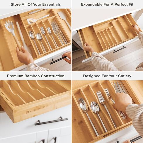 KitchenEdge Premium Silverware, Flatware and Utensil Organizer for Kitchen Drawers, Food-Safe Contract Grade, Expandable from 16 to 28 In, Natural Bamboo in Saudi Arabia