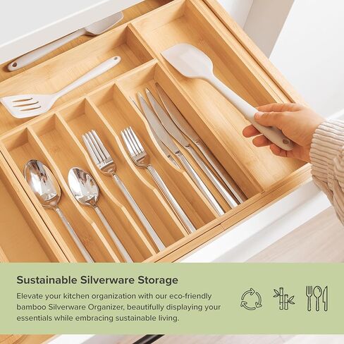 KitchenEdge Premium Silverware, Flatware and Utensil Organizer for Kitchen Drawers, Food-Safe Contract Grade, Expandable from 16 to 28 In, Natural Bamboo in Saudi Arabia