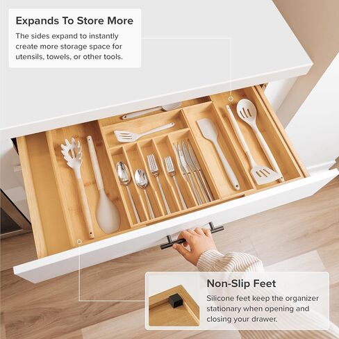 KitchenEdge Premium Silverware, Flatware and Utensil Organizer for Kitchen Drawers, Food-Safe Contract Grade, Expandable from 16 to 28 In, Natural Bamboo in Saudi Arabia