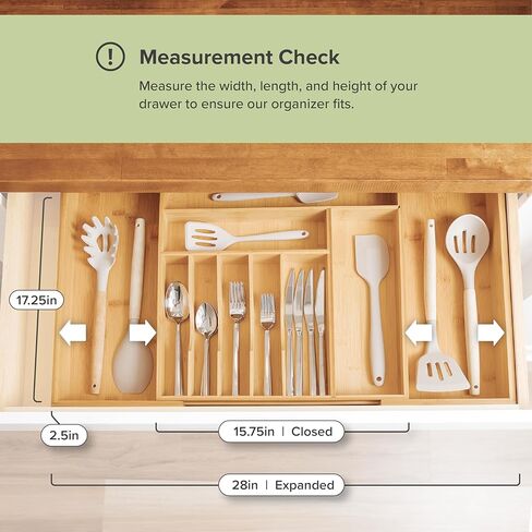 KitchenEdge Premium Silverware, Flatware and Utensil Organizer for Kitchen Drawers, Food-Safe Contract Grade, Expandable from 16 to 28 In, Natural Bamboo in Saudi Arabia