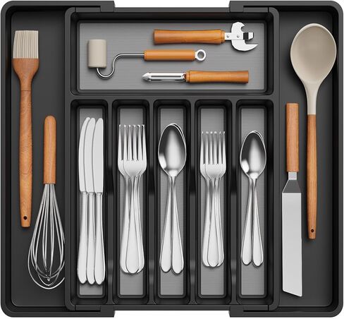 Lifewit Silverware Drawer Organizer, Expandable Utensil Tray for Kitchen, BPA Free Flatware and Cutlery Holder, Adjustable Plastic Storage for Spoons Forks Knives, 8.5-14 x 12", Black in Saudi Arabia