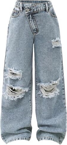 GORGLITTER Girl's Baggy Jeans Ripped Distressed High Waisted Wide Leg Denim Pants Cute Y2K Streetwear in Saudi Arabia