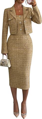 Women Plaid 2 Piece Outfits Cropped Blazer and Sleeveless Midi Dress Sets Business Casual Suits in Saudi Arabia