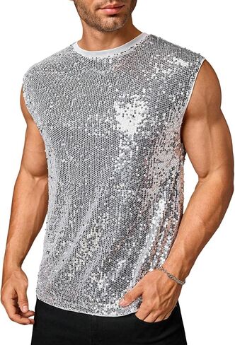 Men's Sequin Sparkly Tank Top Glitter Crewneck Sleeveless Party Club Rave Night Out Tank Shirt in Saudi Arabia