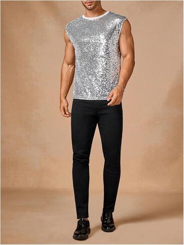 Men's Sequin Sparkly Tank Top Glitter Crewneck Sleeveless Party Club Rave Night Out Tank Shirt in Saudi Arabia