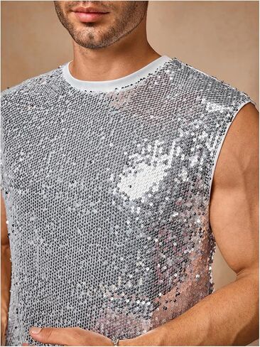 Men's Sequin Sparkly Tank Top Glitter Crewneck Sleeveless Party Club Rave Night Out Tank Shirt in Saudi Arabia
