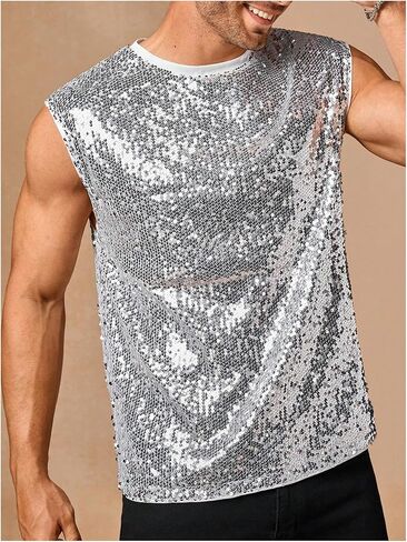 Men's Sequin Sparkly Tank Top Glitter Crewneck Sleeveless Party Club Rave Night Out Tank Shirt in Saudi Arabia