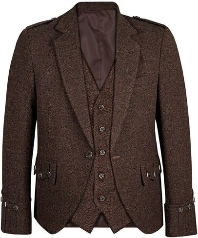 Scottish Dark Brown Tweed Argyll Argyle Kilt Jacket with 5 Button Waistcoat Vest Scottish Wedding Dress in Saudi Arabia