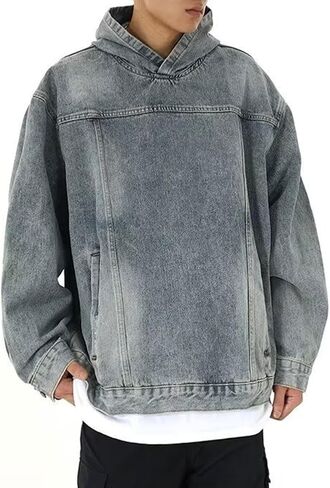 chouyatou Men's Casual Pullover Denim Jacket Vintage Distressed Jean Hoodie Jacket Oversized Sweatshirt Tops in Saudi Arabia