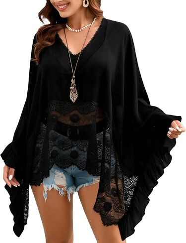 MAKABO Women's Sheer Poncho Top Knit Shawl Shrug Summer Lace Lightweight See-Through Cover Up Beach Casual Wear in Saudi Arabia