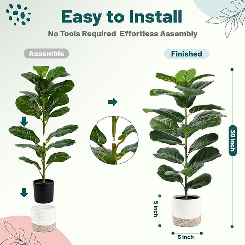 Der Rose 2 Pack 30" Artificial Fiddle Leaf Fig Tree with Warm LED Lights – Battery Powered, Mid-Size Fake Plants for Living Room, Bedroom, Entryway & Home Decor in Saudi Arabia