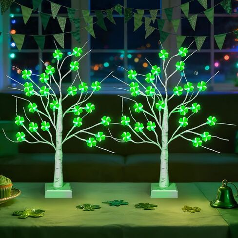 2 حزمة مؤقت ديكورات شجرة عيد القديس باتريك، 18 بوصة 24 LED منضدية أضواء شجرة عيد القديس باتريك مع نبات النفل ثلاثي الأبعاد، USB وبطارية تعمل بالديكور الداخلي لعيد القديس باتريك في المنزل in Kuwait