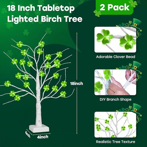 2 حزمة مؤقت ديكورات شجرة عيد القديس باتريك، 18 بوصة 24 LED منضدية أضواء شجرة عيد القديس باتريك مع نبات النفل ثلاثي الأبعاد، USB وبطارية تعمل بالديكور الداخلي لعيد القديس باتريك في المنزل in Kuwait