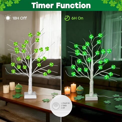 2 حزمة مؤقت ديكورات شجرة عيد القديس باتريك، 18 بوصة 24 LED منضدية أضواء شجرة عيد القديس باتريك مع نبات النفل ثلاثي الأبعاد، USB وبطارية تعمل بالديكور الداخلي لعيد القديس باتريك في المنزل in Kuwait
