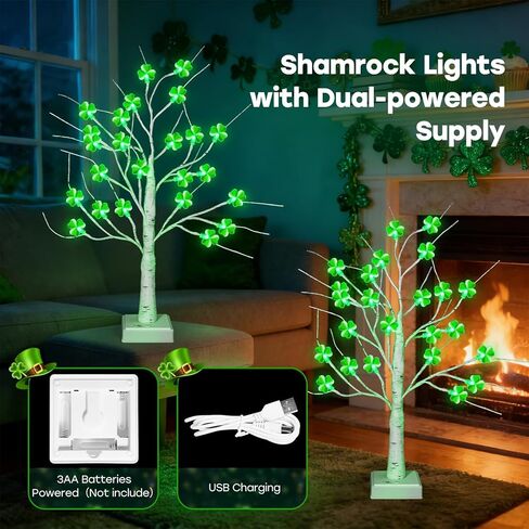 2 حزمة مؤقت ديكورات شجرة عيد القديس باتريك، 18 بوصة 24 LED منضدية أضواء شجرة عيد القديس باتريك مع نبات النفل ثلاثي الأبعاد، USB وبطارية تعمل بالديكور الداخلي لعيد القديس باتريك في المنزل in Kuwait