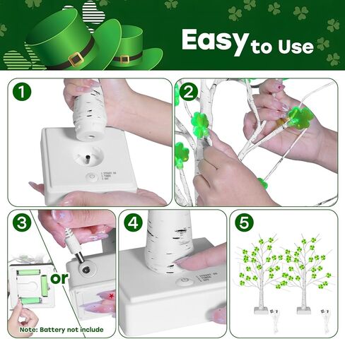 2 حزمة مؤقت ديكورات شجرة عيد القديس باتريك، 18 بوصة 24 LED منضدية أضواء شجرة عيد القديس باتريك مع نبات النفل ثلاثي الأبعاد، USB وبطارية تعمل بالديكور الداخلي لعيد القديس باتريك في المنزل in Kuwait