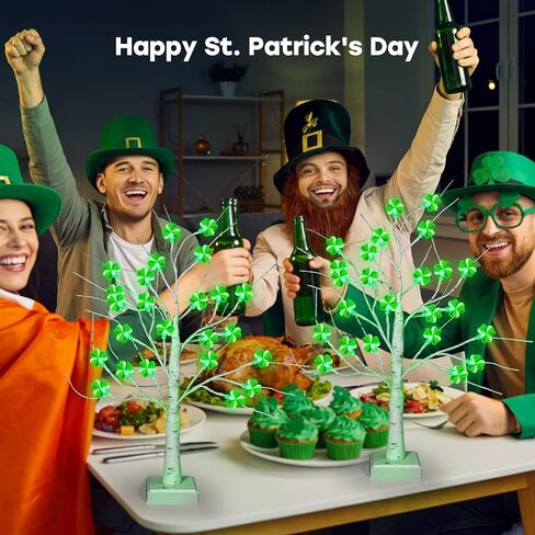 2 حزمة مؤقت ديكورات شجرة عيد القديس باتريك، 18 بوصة 24 LED منضدية أضواء شجرة عيد القديس باتريك مع نبات النفل ثلاثي الأبعاد، USB وبطارية تعمل بالديكور الداخلي لعيد القديس باتريك في المنزل in Kuwait