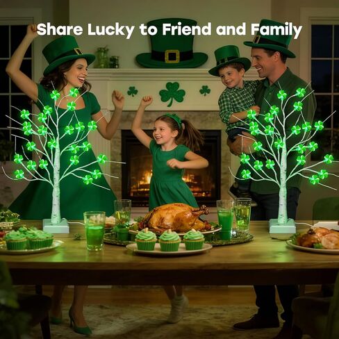 2 حزمة مؤقت ديكورات شجرة عيد القديس باتريك، 18 بوصة 24 LED منضدية أضواء شجرة عيد القديس باتريك مع نبات النفل ثلاثي الأبعاد، USB وبطارية تعمل بالديكور الداخلي لعيد القديس باتريك في المنزل in Kuwait