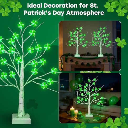 2 حزمة مؤقت ديكورات شجرة عيد القديس باتريك، 18 بوصة 24 LED منضدية أضواء شجرة عيد القديس باتريك مع نبات النفل ثلاثي الأبعاد، USB وبطارية تعمل بالديكور الداخلي لعيد القديس باتريك في المنزل in Kuwait