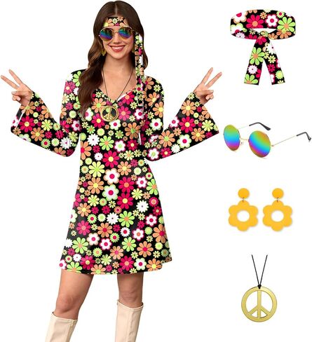 For G and PL Women's 5 Pcs Halloween 70s Hippie Dress Floral Costume Outfit with Sunglasses Headband in Saudi Arabia