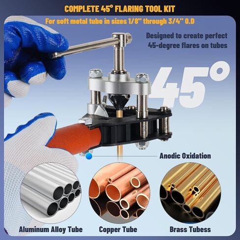 45° Flaring Tool Kit with Tube Cutter Deburring Tool Single Flaring Tool for 1/8" - 3/4" Tubing, Professional Pipe Flare Tool for Copper Brass Aluminum Pipes in Saudi Arabia