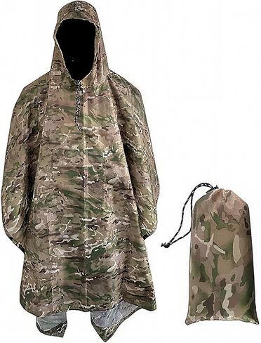 معطف مطر 3 في 1 مقاوم للماء للبالغين، معدات مطر خفيفة الوزن للمشي لمسافات طويلة، معطف مطر مموه مع غطاء رأس للتخييم، صيد الأسماك، حقيبة الظهر، قماش القنب للمأوى في الهواء الطلق in Kuwait