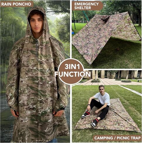 معطف مطر 3 في 1 مقاوم للماء للبالغين، معدات مطر خفيفة الوزن للمشي لمسافات طويلة، معطف مطر مموه مع غطاء رأس للتخييم، صيد الأسماك، حقيبة الظهر، قماش القنب للمأوى في الهواء الطلق in Kuwait