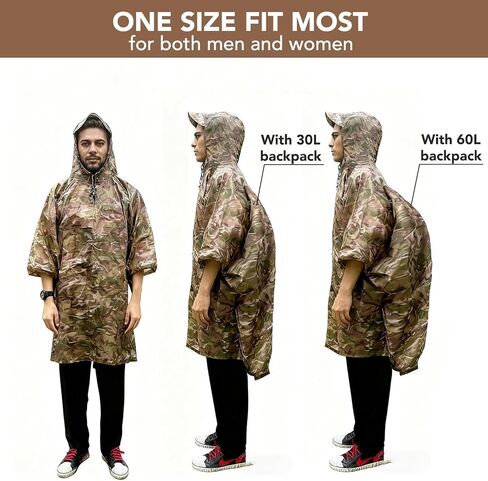 معطف مطر 3 في 1 مقاوم للماء للبالغين، معدات مطر خفيفة الوزن للمشي لمسافات طويلة، معطف مطر مموه مع غطاء رأس للتخييم، صيد الأسماك، حقيبة الظهر، قماش القنب للمأوى في الهواء الطلق in Kuwait